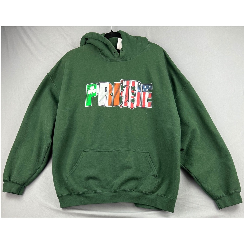 Gildan Hoodie Men 2XL Heavy Blend Pride Irish American Flag USA Green Sweatshirt